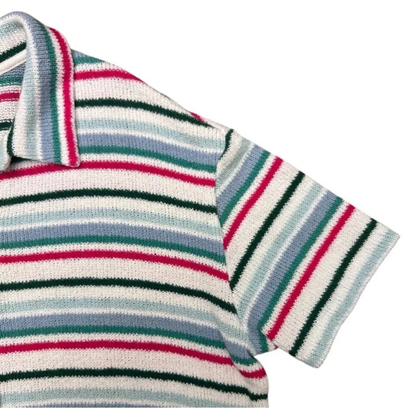 ZARA Knit Top Striped Button Front Short Sleeve Collared Relaxed Fit Grandpacore - Picture 6 of 10